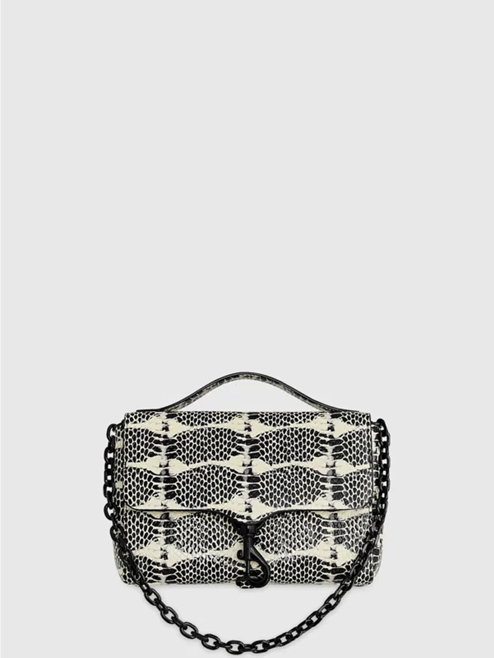 Rebecca Minkoff Black and Cream Snake-Print Crossbody with Chain Strap